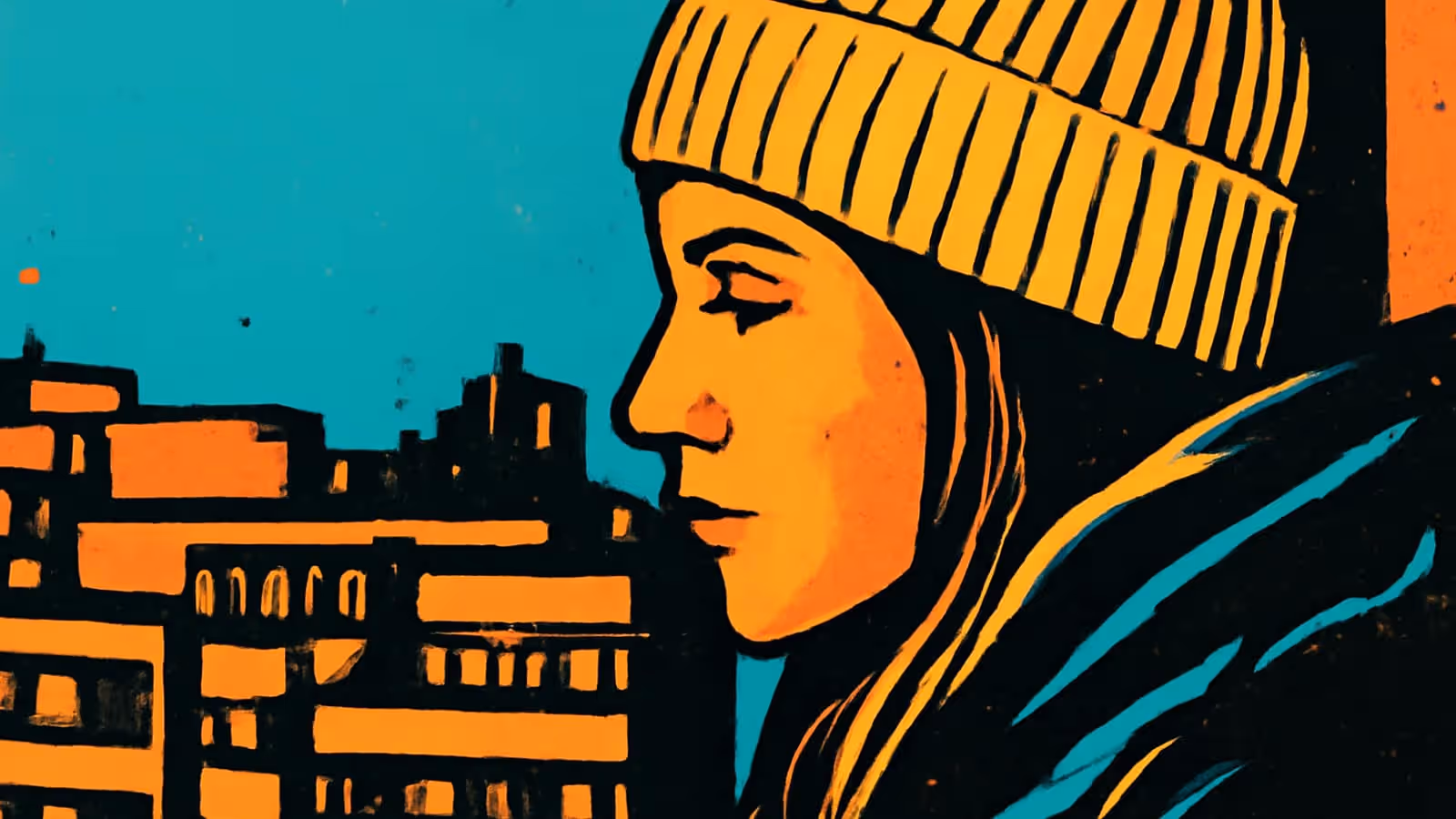 A woman in a ribbed knitted hat seen in profile against a background of city buildings, looking downward, rendered as a flat orange and teal illustration.
