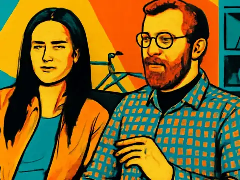Pop-art illustration of two people sitting side by side on a sofa in a living room, one with a hand raised mid-gesture as if speaking.
