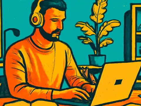 A man wearing over-ear headphones typing at a laptop in a home office, rendered as a flat orange, yellow and teal illustration.