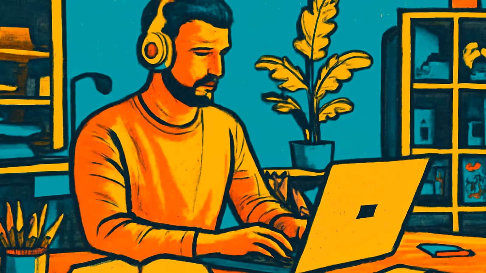 A man wearing over-ear headphones typing at a laptop in a home office, rendered as a flat orange, yellow and teal illustration.