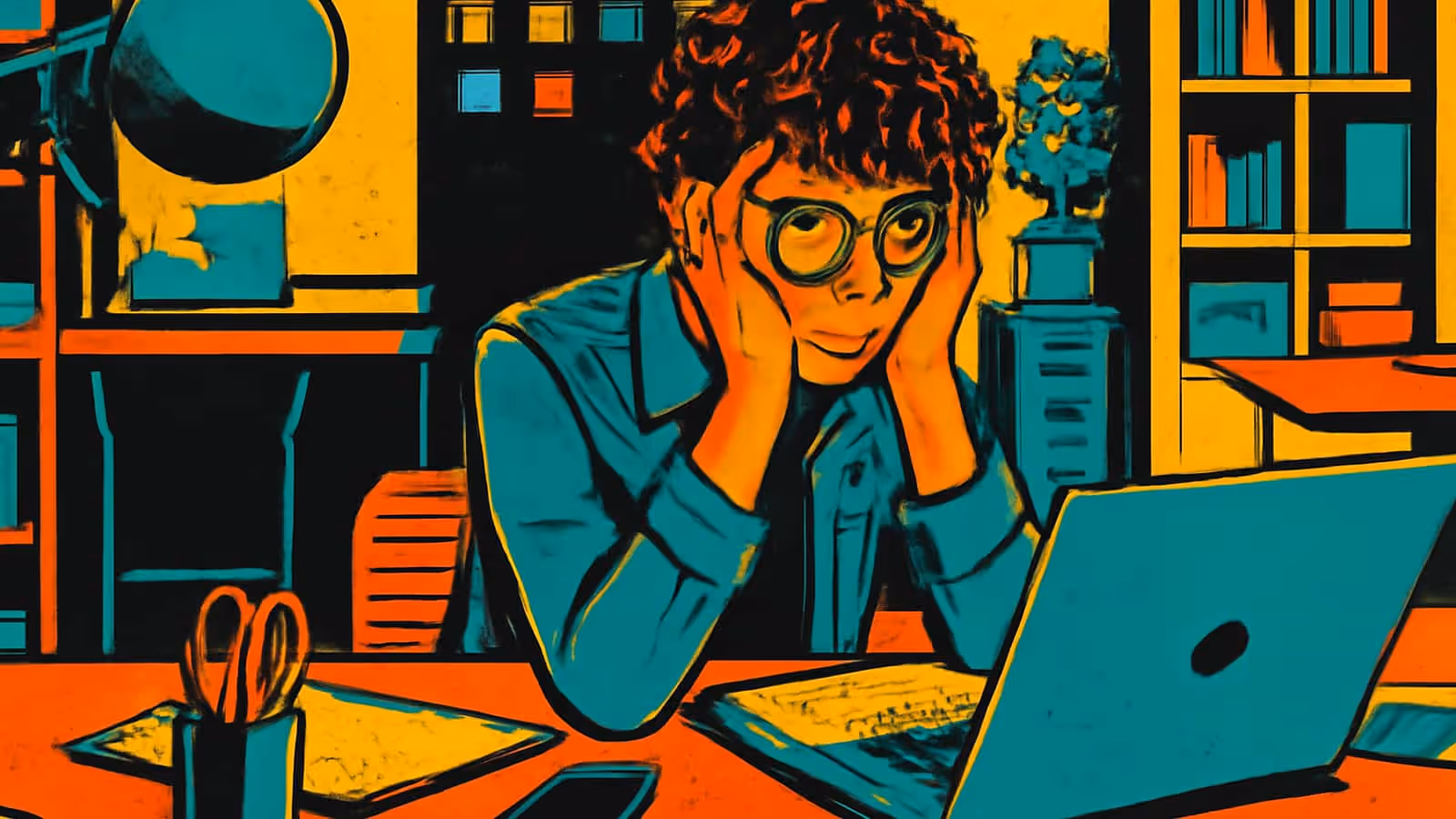 Flat pop-art illustration in orange, teal and yellow. A person with curly hair and round glasses sits at a desk with both hands pressed against their cheeks, an open laptop and loose papers in front of them, shelves and a desk lamp behind.