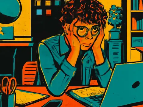 Flat pop-art illustration in orange, teal and yellow. A person with curly hair and round glasses sits at a desk with both hands pressed against their cheeks, an open laptop and loose papers in front of them, shelves and a desk lamp behind.