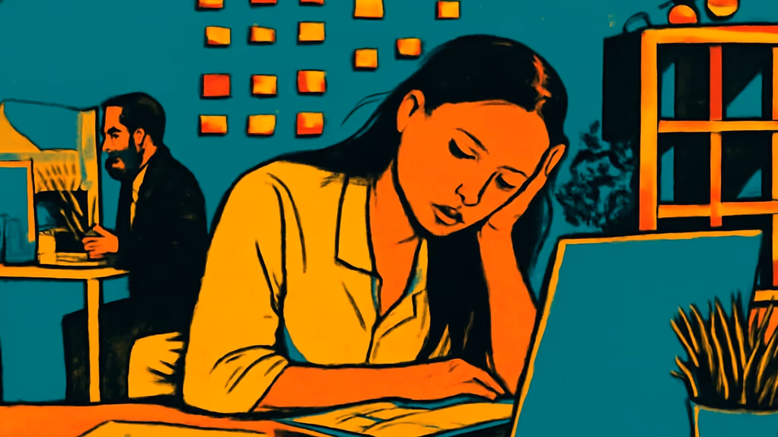 Pop-art illustration of a woman resting her head on one hand at a desk in front of a laptop, with a colleague working at a desk behind her.