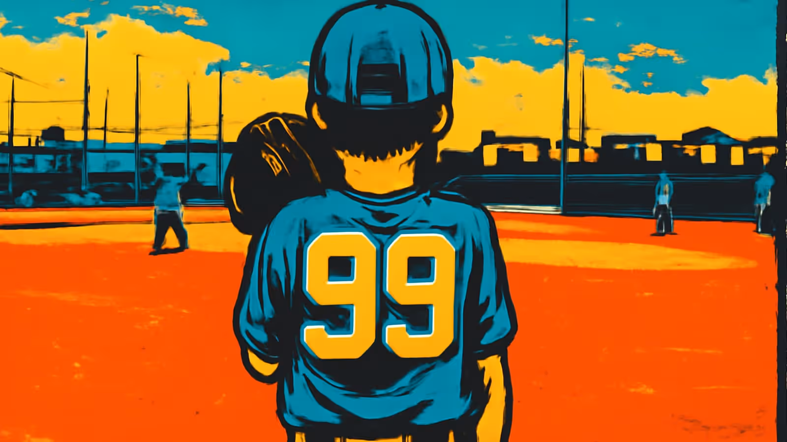 A child in a baseball cap and a number 99 jersey seen from behind holding a glove on a baseball field, with other players in the distance, rendered as a flat orange and teal illustration.