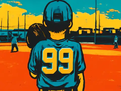 A child in a baseball cap and a number 99 jersey seen from behind holding a glove on a baseball field, with other players in the distance, rendered as a flat orange and teal illustration.